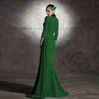 Elegant Green Mother of the Bride Dresses 2023 V Neck 3/4 Sleeves Wedding Party Gowns Mermaid Pleat Floor-Length - Thumbnail 4