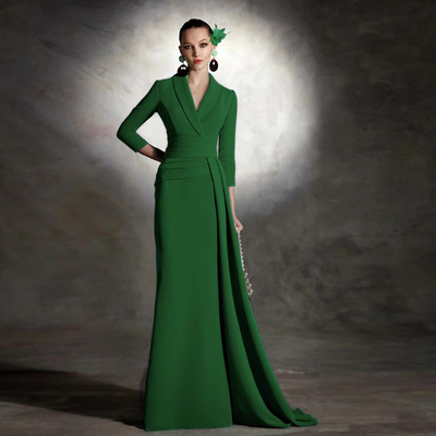 Elegant green mother of the bride dresses 2023 v neck 3/4 sleeves wedding party gowns mermaid pleat floor-length