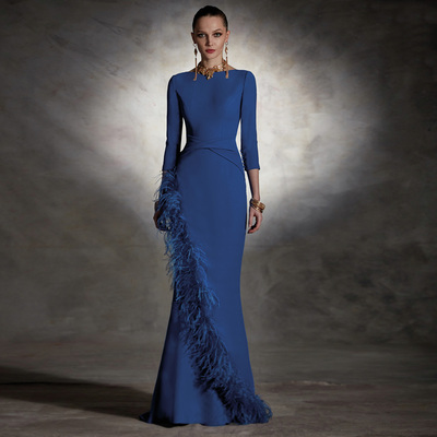 Elegant Blue Mother of the Bride Dresses O Neck 3/4 Sleeve Mermaid Wedding Party Gowns Fur Front Slit Floor-Length