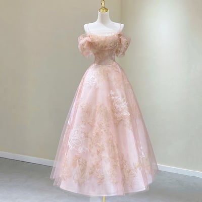 Pink tulle lace tea length prom dress, pink off shouler party dress
