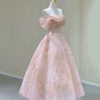 Pink Tulle Lace Tea Length Prom Dress, Pink Off Shouler Party Dress - Thumbnail 1