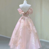 Pink Tulle Lace Tea Length Prom Dress, Pink Off Shouler Party Dress - Thumbnail 2