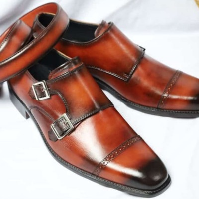Classic brown black patina double monk strap shoes with matching belt