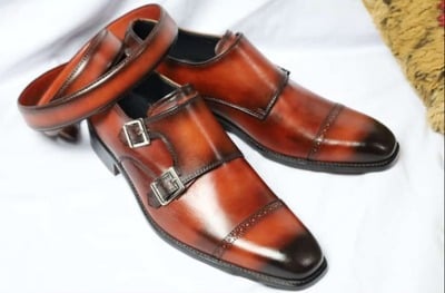 Classic Brown Black Patina Double Monk Strap Shoes with Matching Belt