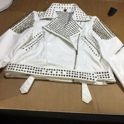 New women's white silver spiked studded unique cowhide biker leather jacket - Thumbnail 5