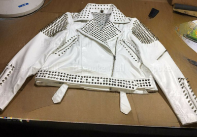 New Women's White Silver Spiked Studded Unique Cowhide Biker Leather Jacket