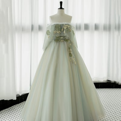 Green tulle lace long prom gown, green off shoulder evening party dress - Thumbnail 2