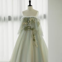 Green Tulle Lace Long Prom Gown, Green Off Shoulder Evening Party Dress - Thumbnail 3