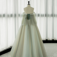 Green Tulle Lace Long Prom Gown, Green Off Shoulder Evening Party Dress - Thumbnail 4