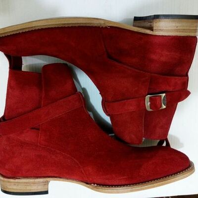 Handmade red suede leather jodhpur style buckle boot - Thumbnail 4