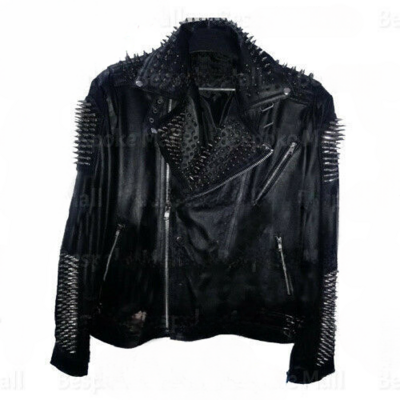 Handmade men's black silver spiked studded punk motorcycle leather jacket - Thumbnail 5