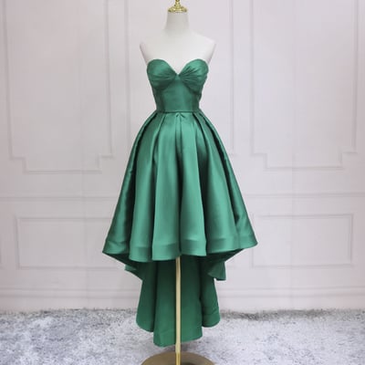 Green satin high low party dresses, strapless green homecoming dresses