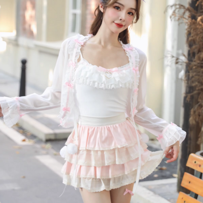 Sweetheart princess coquette sweet white pink bow see through cardigan jacket tank top skirt three piece set