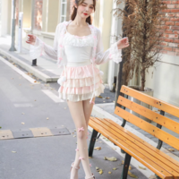 Sweetheart Princess Coquette Sweet White Pink Bow See Through Cardigan Jacket Tank Top Skirt Three Piece Set - Thumbnail 4