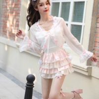 Sweetheart Princess Coquette Sweet White Pink Bow See Through Cardigan Jacket Tank Top Skirt Three Piece Set - Thumbnail 2