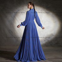 Elegant Chiffon Mother of the Bride Dresses for Wedding V Neck Long Sleeves Wedding Party Gowns Pleat Floor-Length - Thumbnail 1