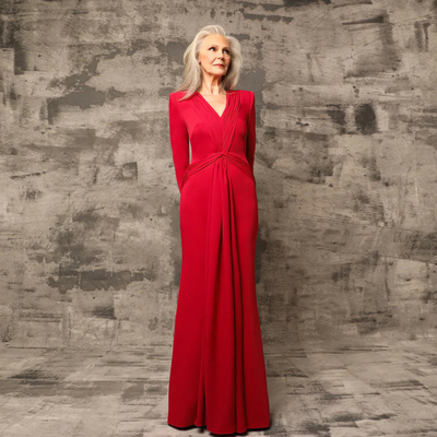 Elegant Mermaid Mother of the Bride/ Groom Dresses V Neck Long Sleeves Wedding Party Gowns Pleat Jersey Floor-Length