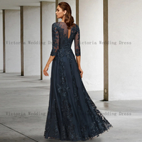 Glitter Navy Mother of the Bride/Groom Dresses O Neck 3/4 Sleeves Wedding Party Gowns Appliques Sequined A-Line Robe De Soirée Femme - Thumbnail 1