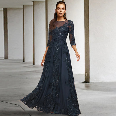 Glitter Navy Mother of the Bride/Groom Dresses O Neck 3/4 Sleeves Wedding Party Gowns Appliques Sequined A-Line Robe De Soirée Femme