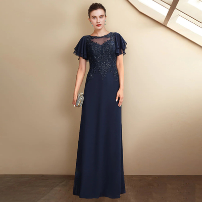 Elegant navy blue mother of the bride/groom dresses 2023 lace short sleeves o neck floor-length wedding party gowns appliques sequined