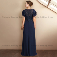 Elegant Navy Blue Mother of the Bride/Groom Dresses 2023 Lace Short Sleeves O Neck Floor-Length Wedding Party Gowns Appliques Sequined - Thumbnail 1