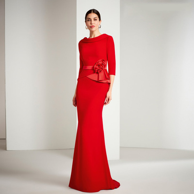 Elegant red mother of the bride /groom dresses o neck 3/4 sleeves mermaid wedding party gowns flowers floor-length