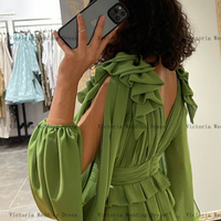 Elegant Chiffon Mother of the Bride/ Groom Dresses V Neck Long Sleeves A-Line Wedding Party Gowns Floor-Length Ruffles - Thumbnail 1