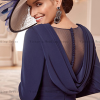 Elegant Navy Mother of the Bride/ Groom Dresses O Neck Long Sleeves Wedding Party Gowns Appliques Mermaid Tea-Length  - Thumbnail 1