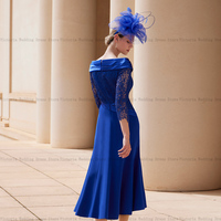 Elegant Royal Blue Mother of the Bride /Groom Dresses Square Neck 3/4 Sleeves Wedding Party Gowns Lace A-Line Tea Length - Thumbnail 1