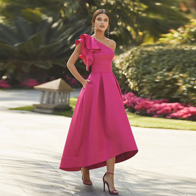 Simple One Shoulder Mother of the Bride /Groom Dresses Ruffles Hi-Lo A-Line Tea-Length Satin Wedding Party Gowns 