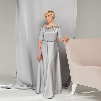 Elegant silver mother of the bride /groom dresses o neck with appliques beaded half sleeves a-line floor length wedding party gowns