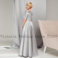 Elegant Silver Mother of the Bride /Groom Dresses O Neck with Appliques Beaded Half Sleeves A-Line Floor Length Wedding Party Gowns - Thumbnail 1