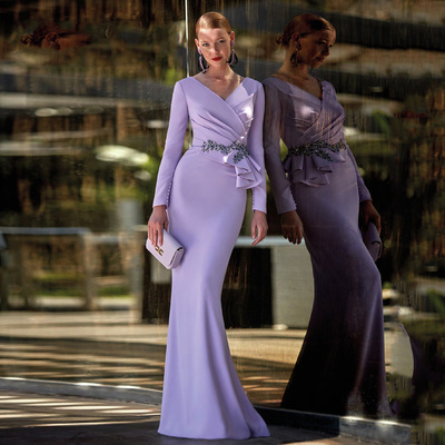Elegant lavender mother of the bride/groom dresses v neck long sleeves wedding party gowns beaded mermaid floor length