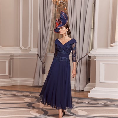 Elegant navy blue mother of the bride /groom dresses v neck 3/4 sleeves wedding party gowns appliques a line tea-length