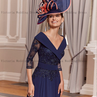 Elegant Navy Blue Mother of the Bride /Groom Dresses V Neck 3/4 Sleeves Wedding Party Gowns Appliques A Line Tea-Length - Thumbnail 1