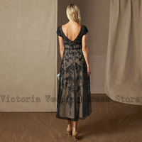 Elegant Black Plus Size Mother of the Bride /Groom Dresses O Neck Short Sleeves Wedding Party Gowns Appliques Tea-Length - Thumbnail 1