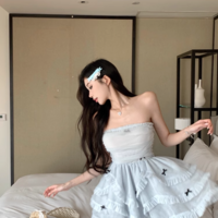 Sweet Black Bow Decorated Light Blue Mesh Party Tiered Dress - Thumbnail 2