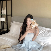 Sweet Black Bow Decorated Light Blue Mesh Party Tiered Dress - Thumbnail 3