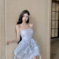 Sweet Black Bow Decorated Light Blue Mesh Party Tiered Dress - Thumbnail 4