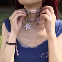Diamond Cross Decorated Pink White Star & Heart Y2K Hot Girl Choker Necklaces - Thumbnail 2