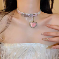 Diamond Cross Decorated Pink White Star & Heart Y2K Hot Girl Choker Necklaces - Thumbnail 3