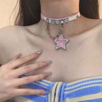Diamond Cross Decorated Pink White Star & Heart Y2K Hot Girl Choker Necklaces - Thumbnail 5