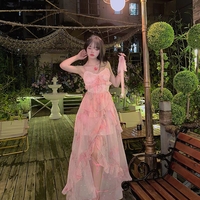 Sweet Romantic Star Ruffled Layered Long Pink Dress - Thumbnail 1