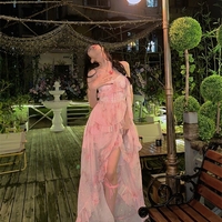 Sweet Romantic Star Ruffled Layered Long Pink Dress - Thumbnail 6