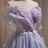 Purple Tulle Short Prom Dress, A-Line Off Shoulder Evening Party Dress - Thumbnail 1