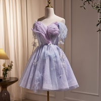 Purple Tulle Short Prom Dress, A-Line Off Shoulder Evening Party Dress - Thumbnail 2