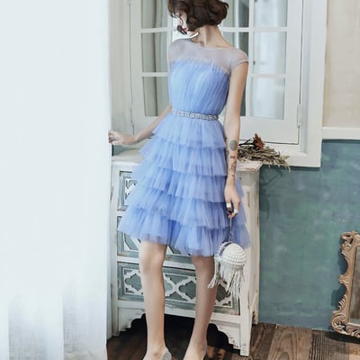 Blue tulle short prom dress, cute layered blue party dress