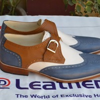 Handmade Tri-Tone Single Monk Strap Loafers Shoes - Thumbnail 5