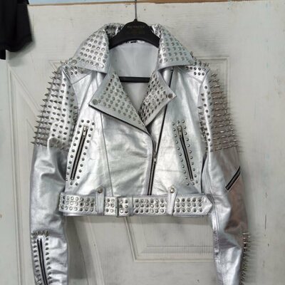 Women Silver Brando Punk Silver Spiked Studded Cowhide Leather Jacket 