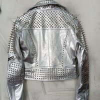 Women Silver Brando Punk Silver Spiked Studded Cowhide Leather Jacket  - Thumbnail 2